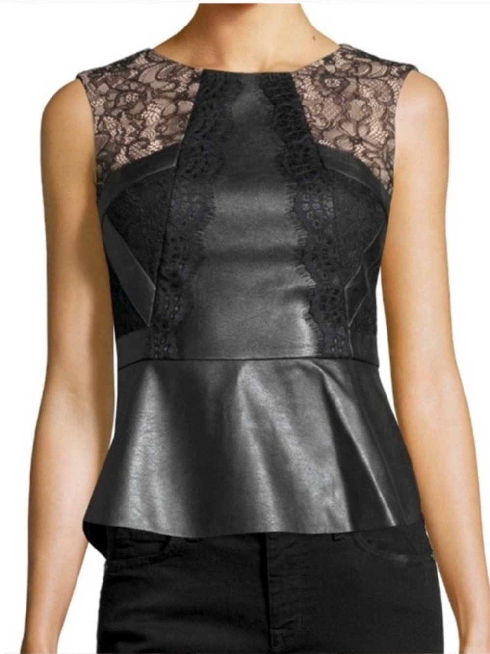 BCBGMaxAzria Black Lace & Nude Mesh Peplum Top